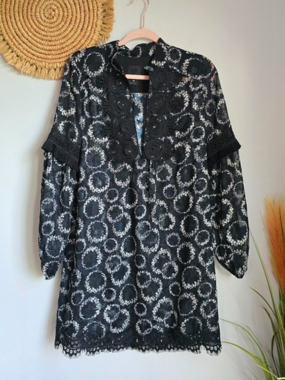 Anna Sui Black Circle Lace Fringe Chiffon Shift Babydoll Mini Dress SZ Medium